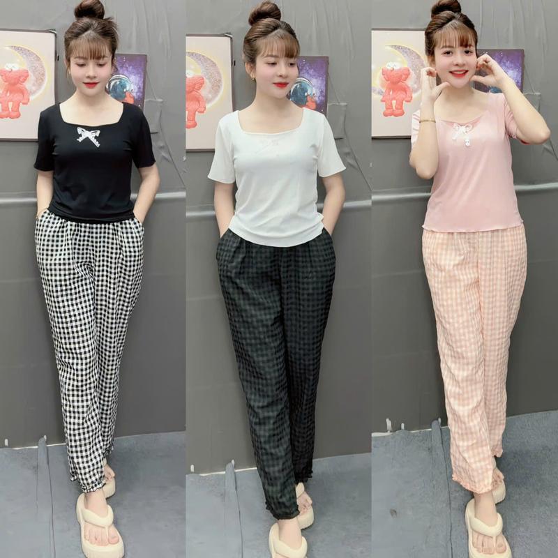  Set Bộ Thun Tăm Áo Tay Cộc Cổ U Kèm Quần Baggy Caro-HÀ THU SHOP 1 Chất thun tăm lạnh size 46-72kg Nữ Women Kem Top 
