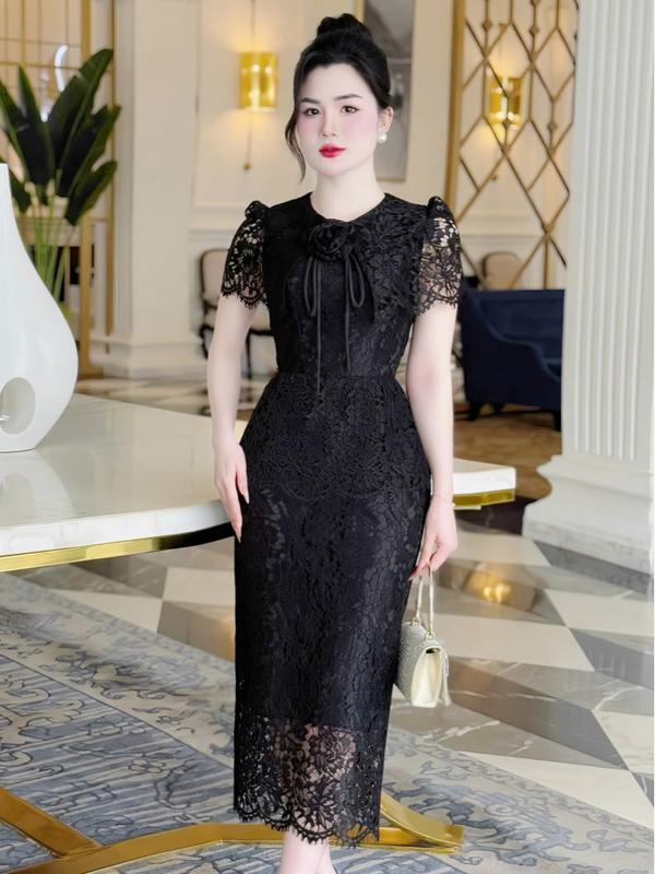 MIỄN SHIP MDU4518 Váy Ren Dệt 2 Lớp - Dáng Dài Ôm Body Nhẹ Sang Trọng Dành Cho Nữ Women Dress Đen