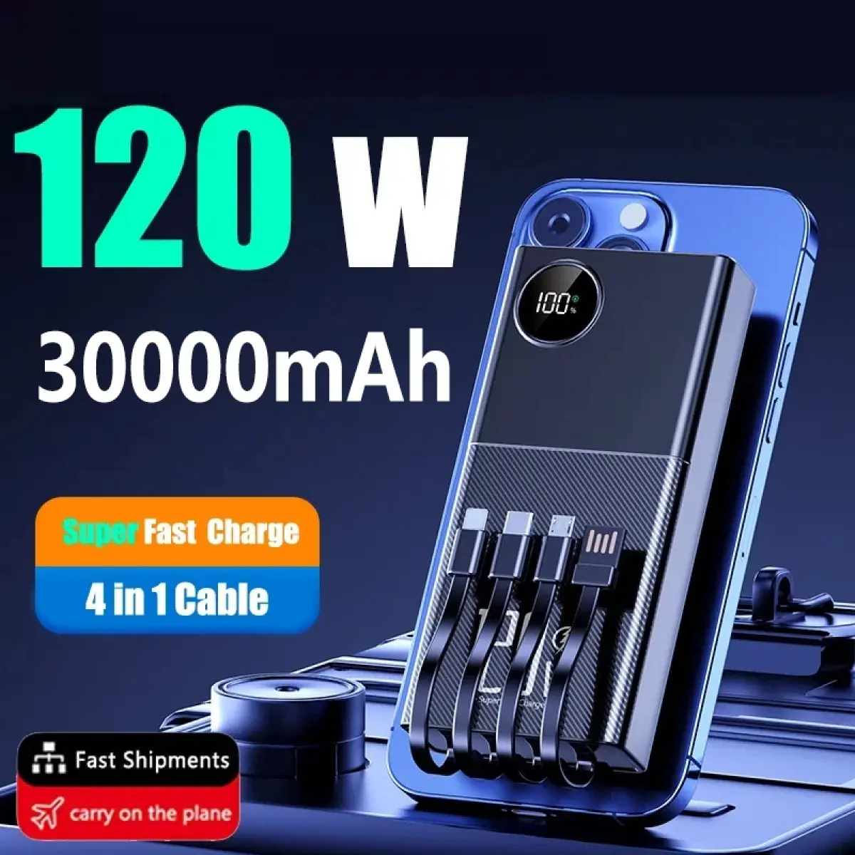 120W 30000 mAh Powerbank Fast Charging Power Bank With Built in Cable for iPhone Samsung Portable Charger snug  power  bank