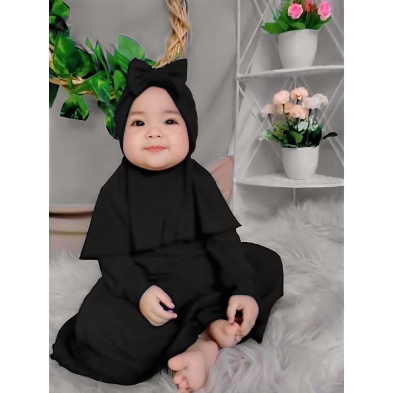 Gamis Bayi Hijab Free Turban Polos 0-2 Tahun Balita Anak Fashion Pakaian Perempuan muslim panjang variasi baju Merah Setelan Kerudung Nyaman Cewek Lembut 5