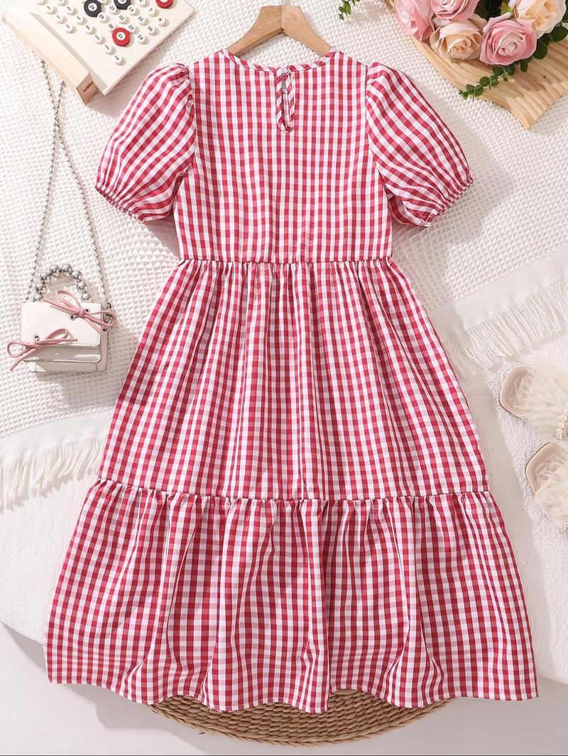 Product Introduction of Girl's Plaid Print Short Sleeve Dress, Casual Round Neck Dress for Summer, Kids Clothes for Daily Wear 2
