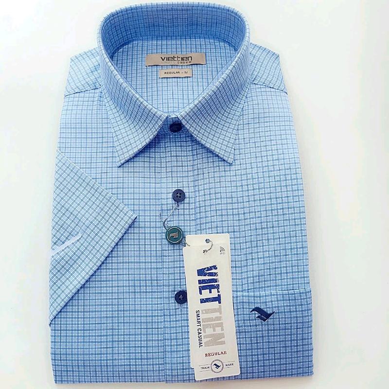 ÁO NGẮN TAY VIETTIEN 0614 sơ mi nam lai ngang màu carô xanh chất vải sợi tre cao cấp 50%spun+35�mboo+12%rayon+3%spandex co giãn nhẹ phom Xuông REGULAR Có Cổ Menswear
