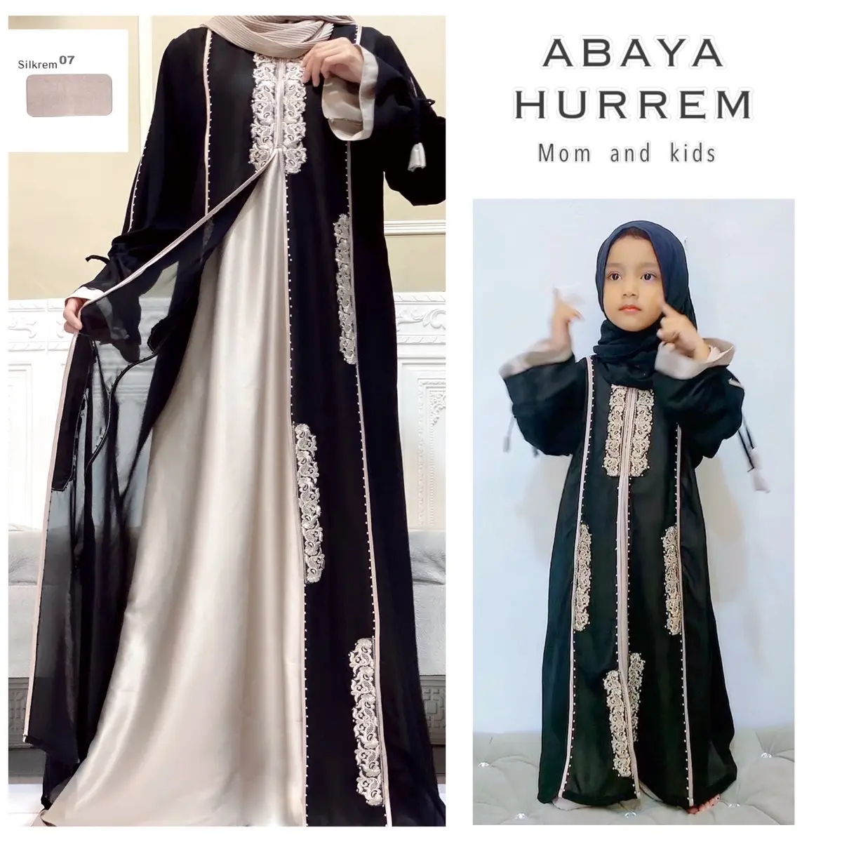 Abaya Hurrem abaya cantik abaya  hitam abaya mom and kids Kombinasi Muslim Payet Sifon Gamis Wanita Bordir Turki Arab Syari Dress