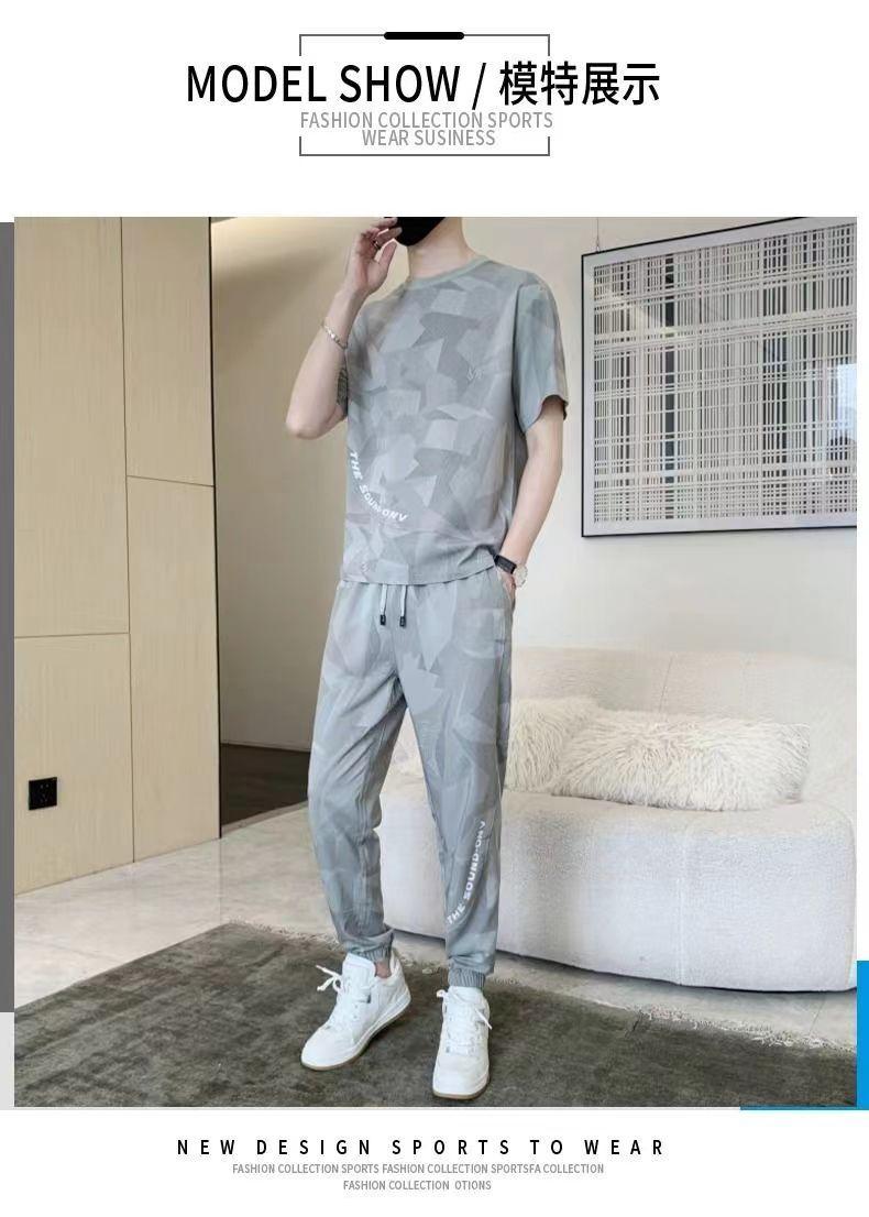 Product Introduction of Wolf Warrior Family Summer Ice Silk Casual Set Men's Short Sleeve T-Shirt Trendy Stylish Sportswear Shorts Two-Piece Set Sneakers 27