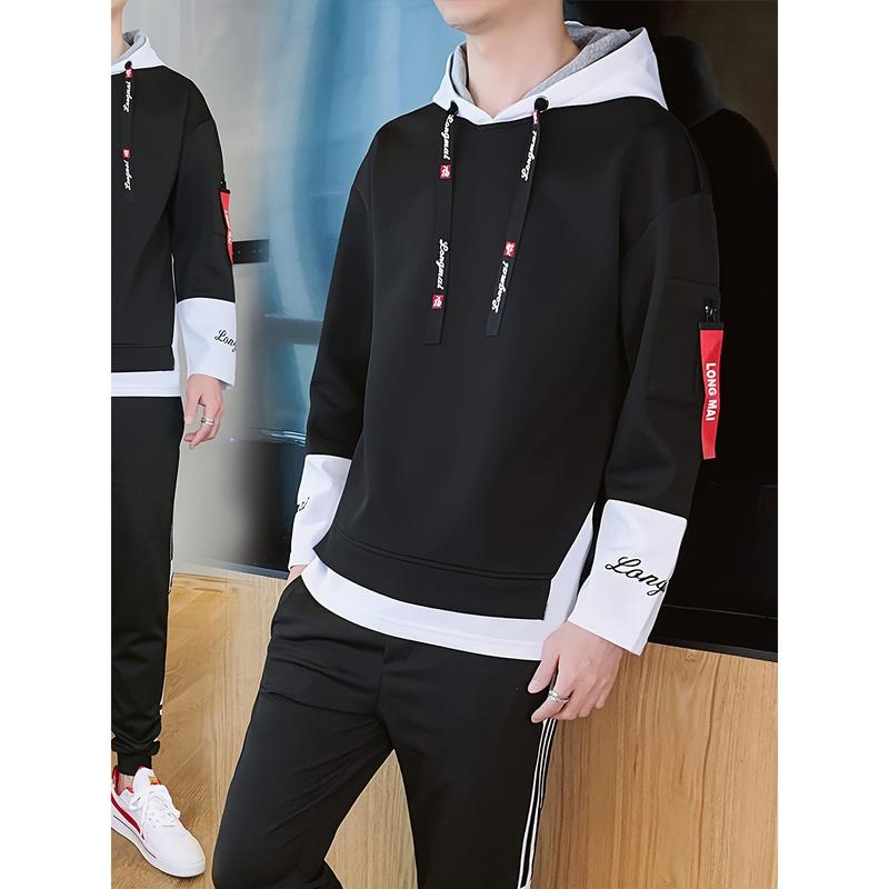 TikTok Shop Longmai Letter Print Contrast Color Hooded Sweatshirt with Drawstring Men s Street Fashion Winter Autumn Hoodie