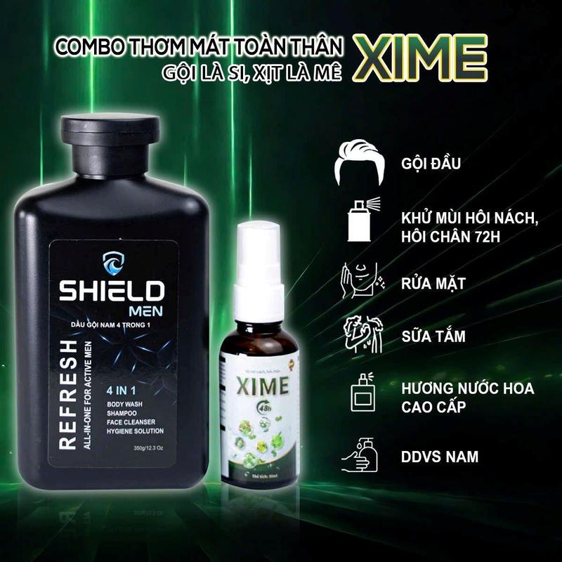 Combo Thơm Mát Toàn Thân Xime- Dầu tắm gội Shield Men 350 ml 4 in 1 hương nước hoa nam bạc hà mát lạnh dưỡng thể cao cấp, Xịt khử mùi hôi nách hôi chân Xime 30 ml thơm mát ngăn mùi cơ thể 72h năng động ngăn mồ hôi