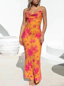 Women's All Over Print Lace Up Draped Cami Dress, Elegant Sleeveless Maxi Dress for Party Dating Wear, Ladies Summer Clothes