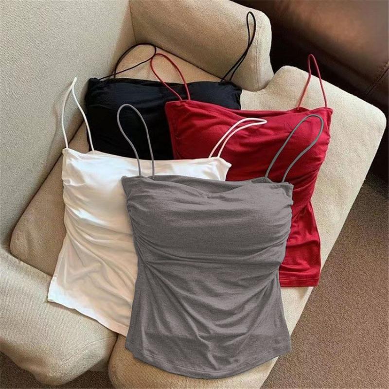 Áo Hai Dây Có Đệm, Kiểu Nâng Ngực, Chất Liệu Lụa Lạnh Áo Crop Top, Áo Vest Hai Dây Xếp Ly Cô Gái Nóng Bỏng Dễ Thương Và Gợi Cảm, Dây Đeo Vai Mỏng, Thích Hợp Cho Phụ Nữ Vào Mùa Hè, Áo Không Tay, Có Thể Mặc Ngoài Trời 1