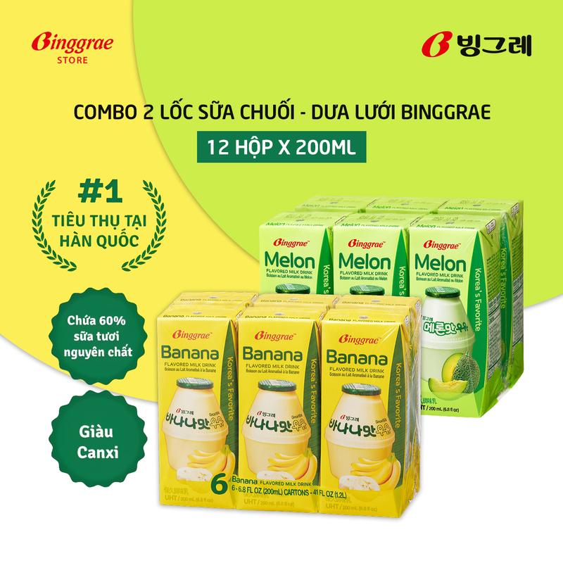 Combo 2 Lốc Sữa Chuối – Dưa Lưới Hàn Quốc Binggrae 200ml x 12 hộp