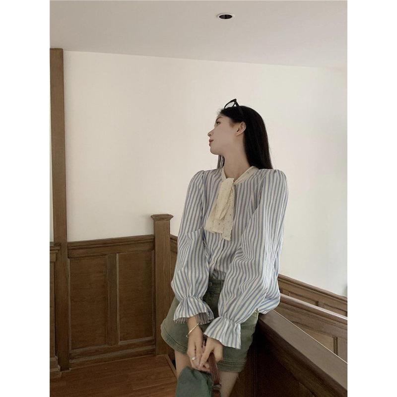 Áo Sơ Mi Dài Tay Kẻ Sọc Buộc Dây Nơ, Dành Cho Nữ, Thời Trang Phong Cách Hàn Quốc Mới Đầu Thu, Dáng Rộng Vừa Vặn, Áo Sơ Mi Độc Đáo Hợp Xu hướng Top Women Shirt Cổ Tròn 2