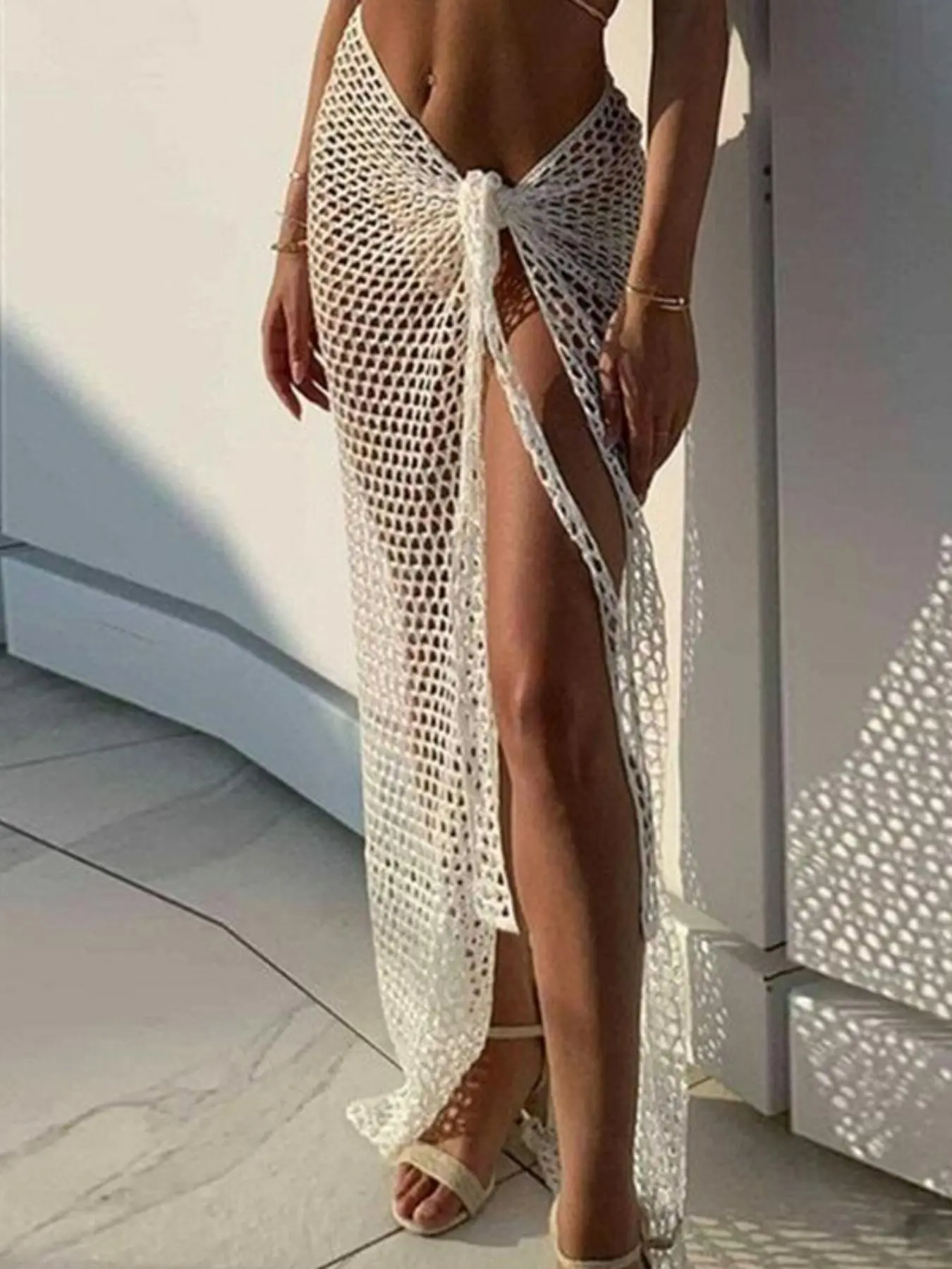Women's Plain Hollow Out Sheer Knot Front Split Thigh Wrap Cover Up Dress, Boho Style Long Swimwear for Beach Holiday Vacation, Ladies Summer Clothes