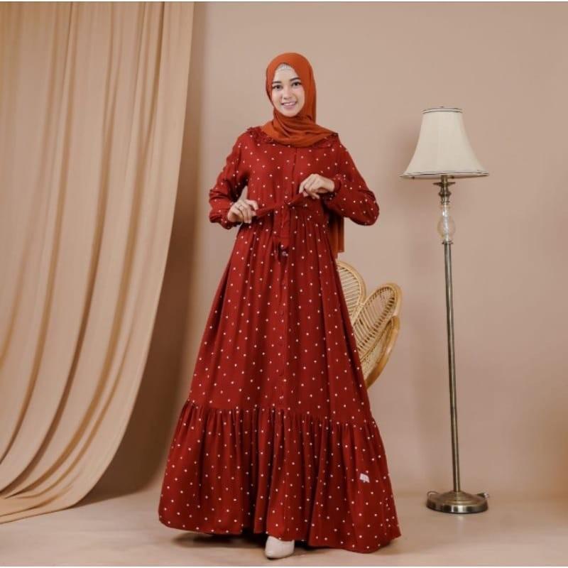 Gamis Polkadot Terbaru,Baju Muslim Wanita, Dress Wanita Kain Rayon High Panjang