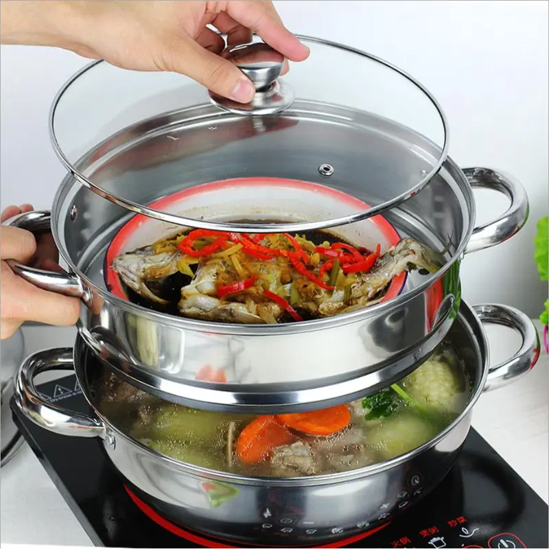Nồi hấp 2 tầng inox, nồi hấp xôi, bánh bao  28cm nắp kính 1