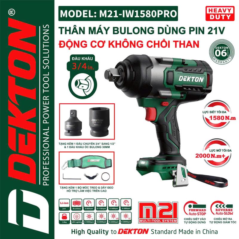 [ Tặng 1PIN 5aH ] Khi Mua  Máy Siết Bulong Dekton M21-IW1580PRO / Lực Siết 1580Nm / Brushless / Đầu 3/4 / Chân Pin Phổ Thông Makita