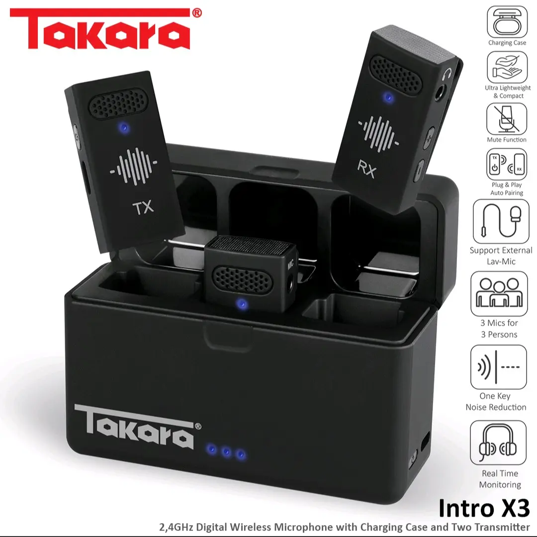 Takara Intro X3 2.4Ghz Digital Wireless Microphone with Charging Case for Smartphone Mic Handphone Microphone Wireless HP