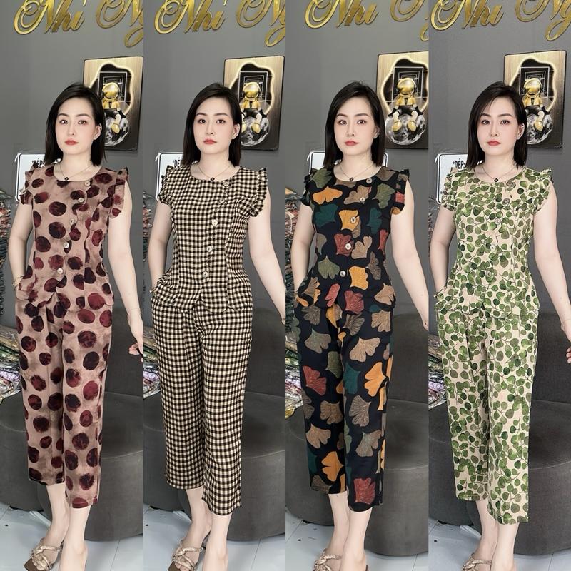 Đồ bộ mặc nhà nữ tay cánh tiên nút gỗ xéo lượng sóng quần 9 Tấc vải lụa mango loại 1 Women