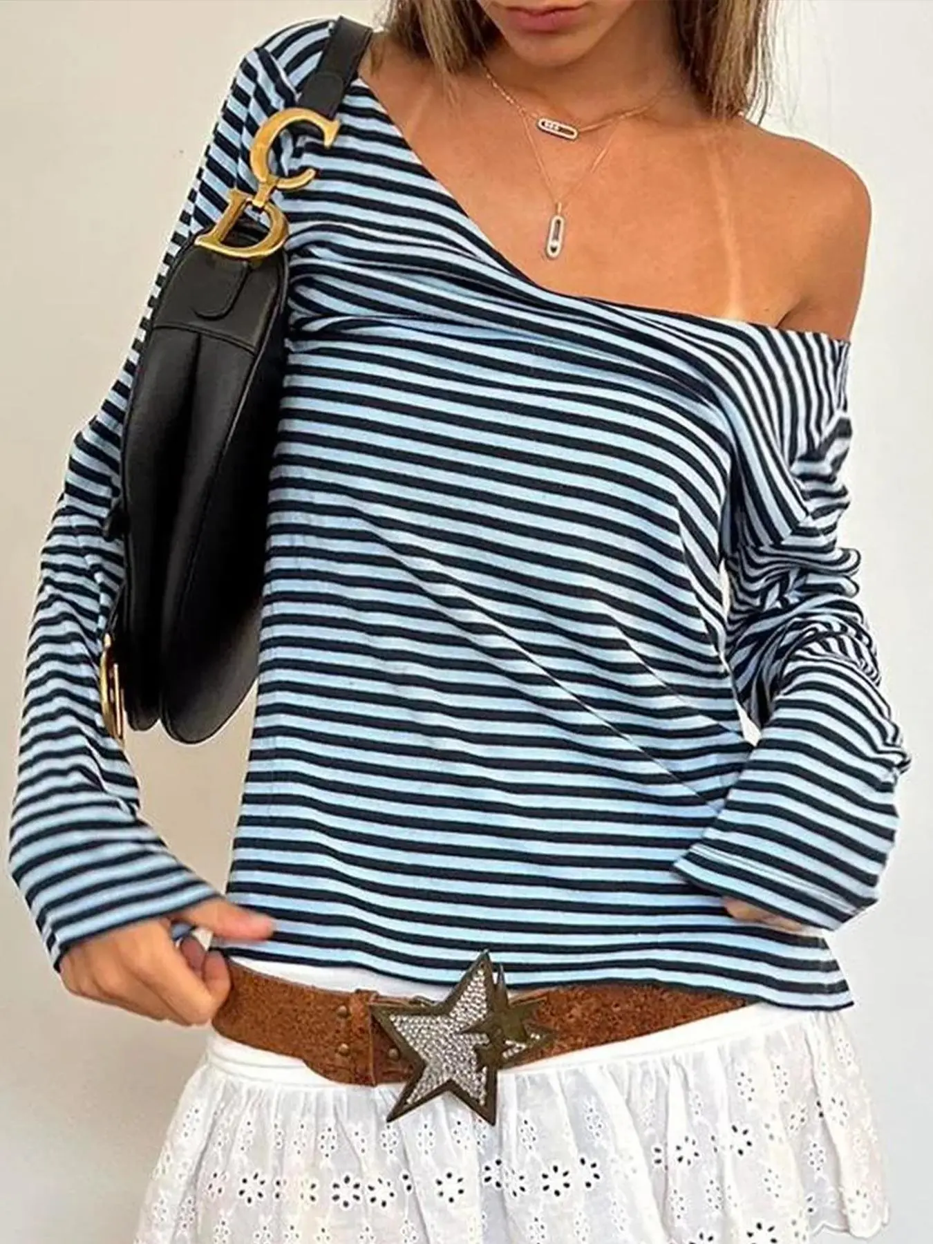Women's Striped Print V Neck Tee, Casual Long Sleeve T-shirt for Spring & Fall, Women's Top for Daily Wear