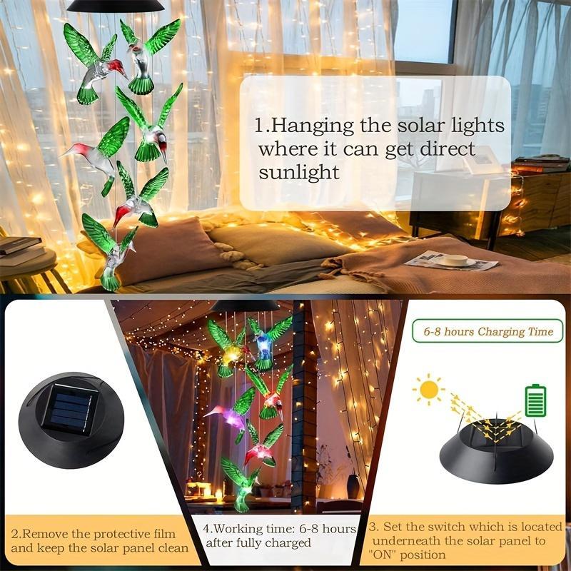 Solar Wind Chimes, Solar Color-changing Hummingbird Wind Chimes, Suitable for Garden Patio Decoration, Souvenir Gifts for Family and Friend 3