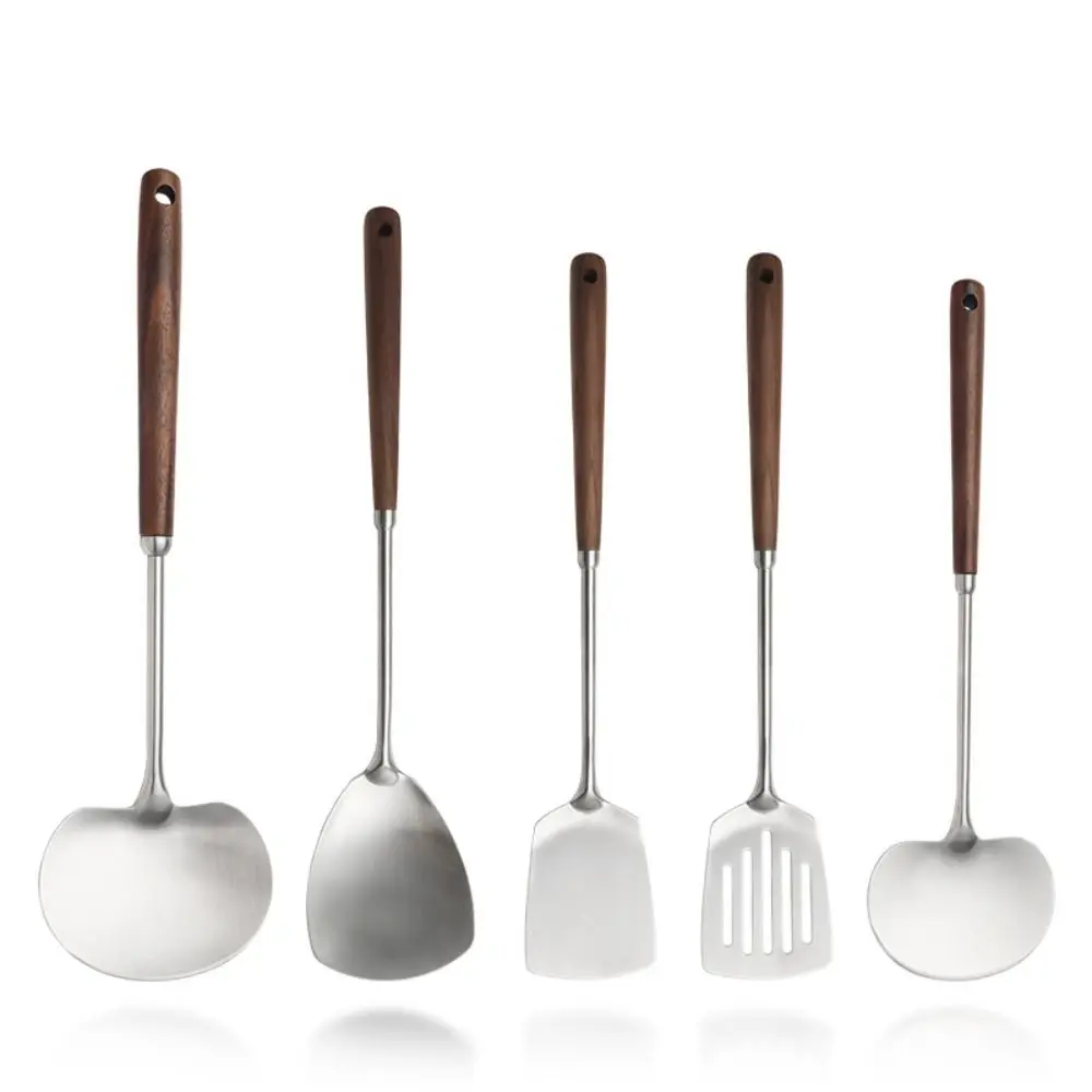 Hot Pot Colander 304 Stainless Steel Seamless Spatulas Walnut Stainless Steel Fried Shovel Long Handle Anti-scald Steak Shovel Cooking Utensils