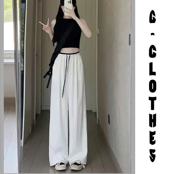 Quần ống suông rộng cạp phối 2 màu có dây rút tôn dáng nữ, chất liệu lụa băng thoáng mát Women Pants 3