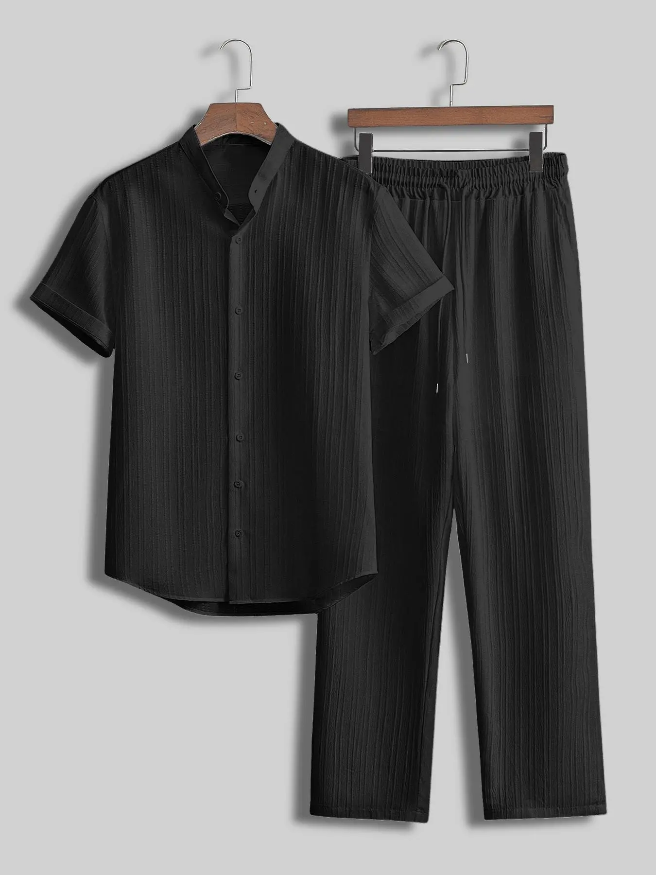 Men's Solid Color Striped Pattern Button Shirt & Pants Two-piece Set, Regular Fit Casual Comfy Short Sleeve Collared Top & Trousers for Daily Wear, Men's Two-piece for All Seasons
