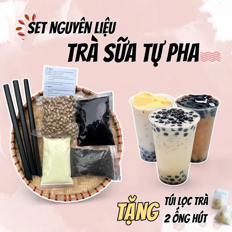 1 SET TRÀ SỮA TỰ NẤU -Tặng ống hút , túi lọc trà và công thức kèm theo Chua Sô Cô La Bột Socola Topping settra  sua 0