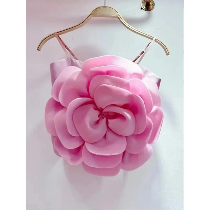 Áo Hai Dây Thiết Kế, Ghép Hoa 3D, Màu Trơn Hở Lưng, Mỏng Vừa Vặn, Áo Vest Gợi Cảm, Thời Trang, Quần Áo Mới Mùa Hè, 2024