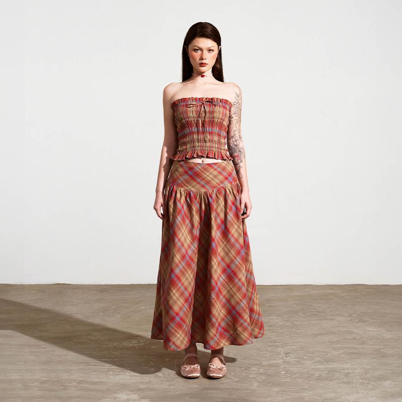 DOTTIE - Chân váy midi kẻ ô - Đỏ - S0195 - chân váy nữ