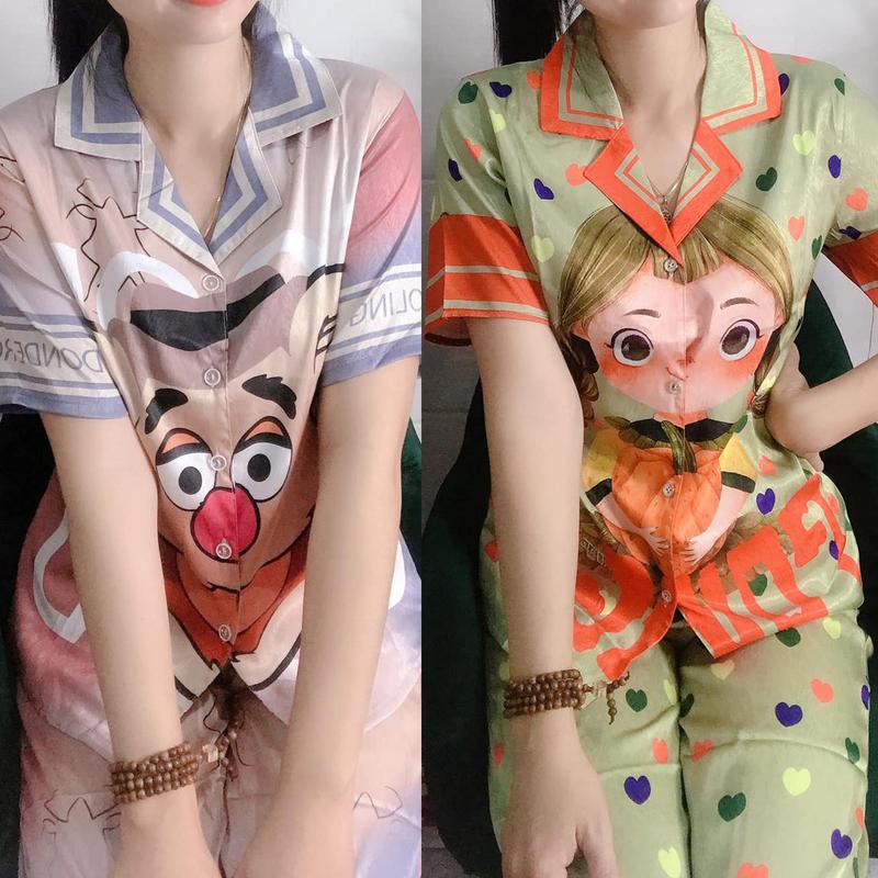 Full size 40-76kg Pijama Chất Lụa Xước Hàn Quốc Thoáng Mát Tay Ngắn Quần Dài Nữ