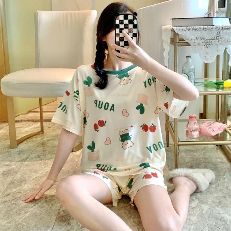Product Introduction of Bộ Đồ Ngủ Nữ, Phong Cách Mùa Hè, Với Đệm Ngực Tích Hợp, Thiết Kế Hoạt Hình, Làm Bằng Cotton Nguyên Chất, Quần Áo Dễ Thương, Thích Hợp Mặc Nhà, Màu Bạc Nước, ngắn Tay Mỏng, Cổ Tròn Women Top 25