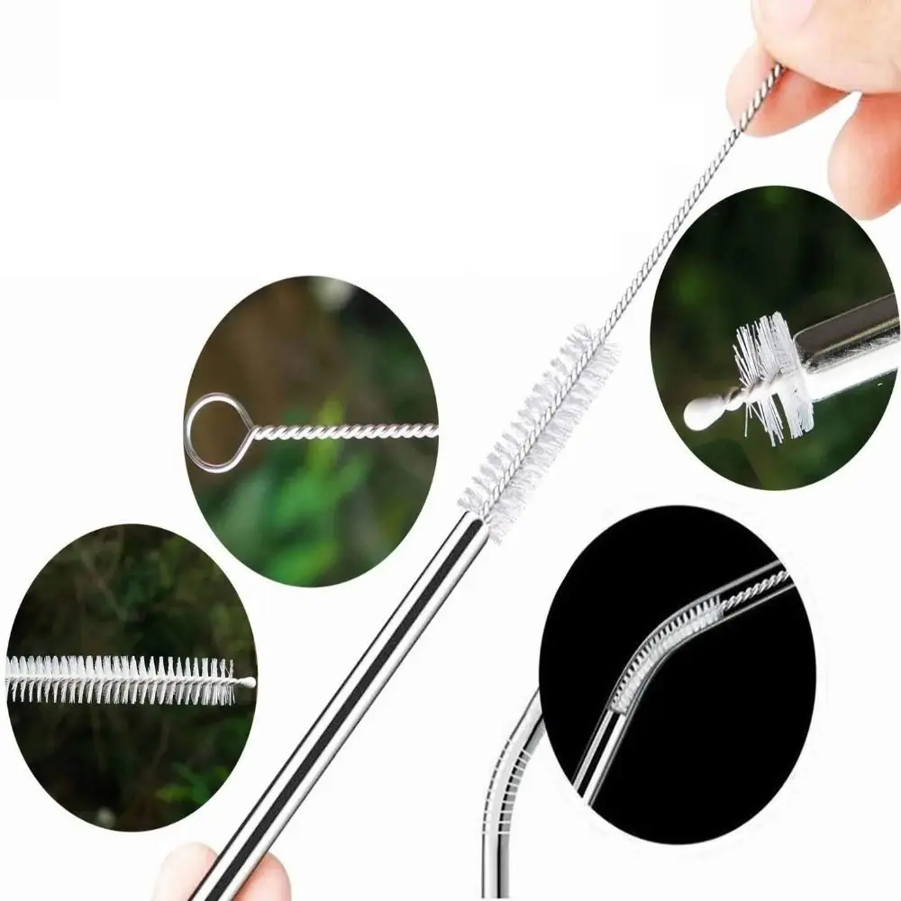 oninof 1Pcs Portable Stainless Extended Straw Cleaning Brush Nylon Reusable Straw Soft Hair Glass Tube Cleaner Brushes