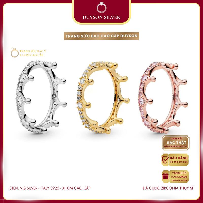 Nhẫn bạc nữ vương miện đính đá, Nhẫn Crown bạc Ý 925 mạ vàng cao cấp DUYSON SILVER [NXK3]