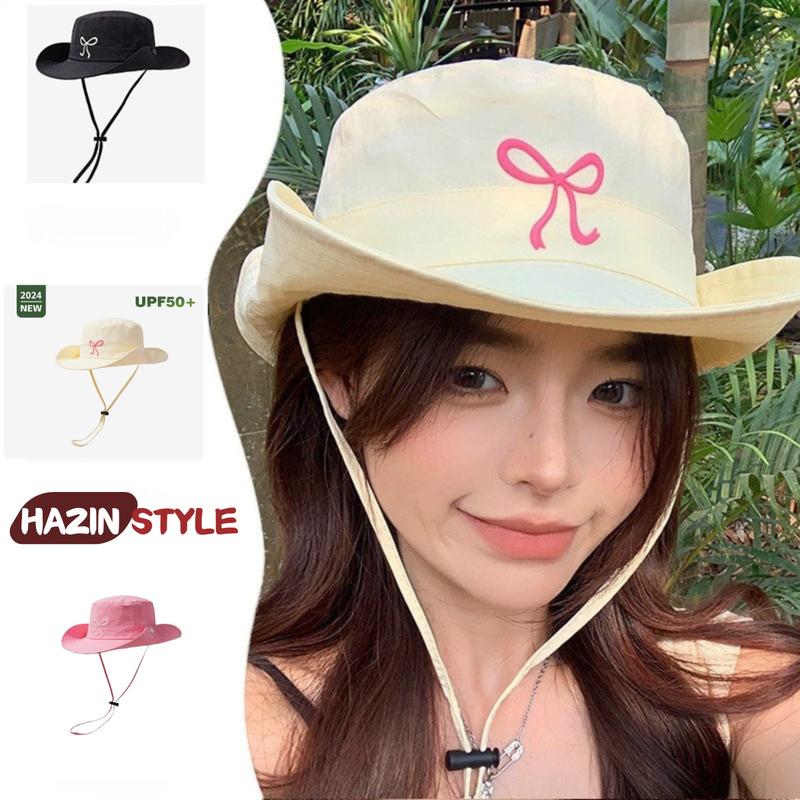 Mũ bucket cao bồi thêu nơ HAZIN thời trang Hàn Quốc, nón bucket vành rộng chất liệu vải KAKI cao cấp thiết kế tai bèo có quai điều chỉnh đi cắm trại đi chơi Hat Cap HAM313
