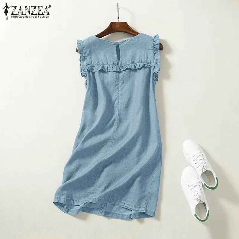 Váy Denim ZANZEA, Phong Cách Hàn Quốc, Dành Cho Nữ, Thường Ngày, Không Tay, Cổ Vuông, Xếp Nhún, Kiểu Váy Xòe Mini, Ghép Nối, Thích Hợp Cho Mùa Hè 1