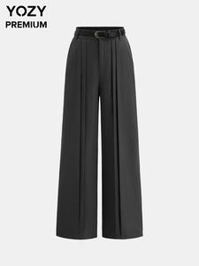 YOZY Women's Solid Belted Plicated Pants, Elegant Comfy Trousers for Work Office Business, Ladies Bottoms for All Seasons