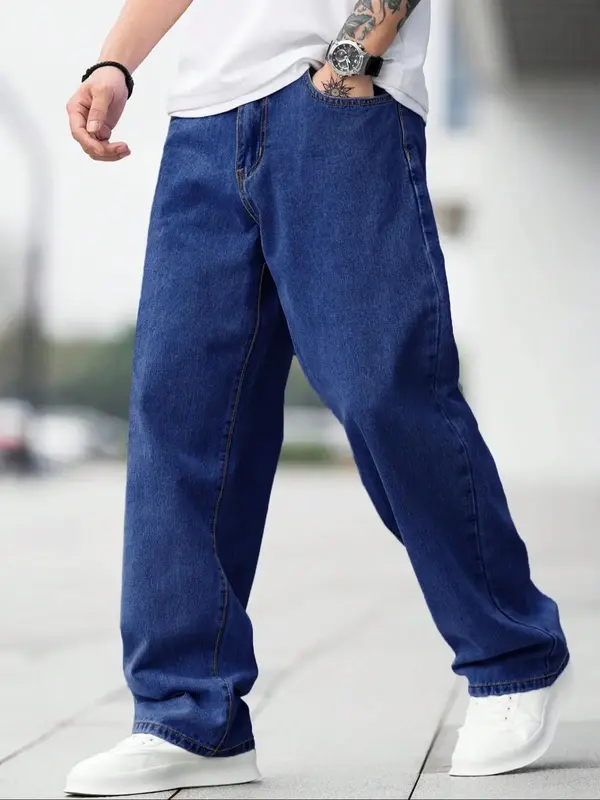 Men's Solid Color Wide Leg Jeans, Loose Casual Comfy Denim Trousers for Daily Wear, Fashion Men's Bottoms for All Seasons, Cotton, Casual Pants 4