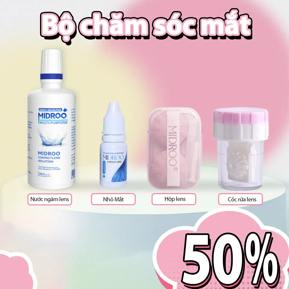 Hộp đựng lens+Nước ngâm lens 60ml/120ml/360ml+Thuốc nhỏ mắt 10ml+Máy rửa lens