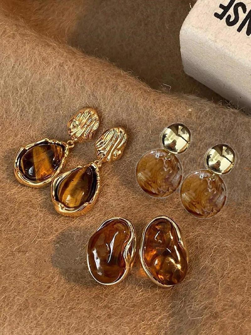Product Introduction of Vintage Tiger Eye Stone Decorated Earrings Set, Elegant Geometric Design Earrings for Women, Trendy All-match & Exquisite Jewelry for Birthday Gift 5