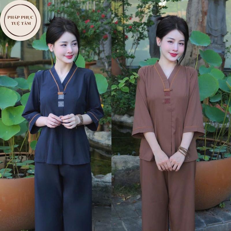 Bộ la hán đi chùa cổ v chất liệu lụa trượt truyền thống mềm mát cao cấp sang trọng - Pháp Phục Tuệ Tâm Nữ Áo Women Top