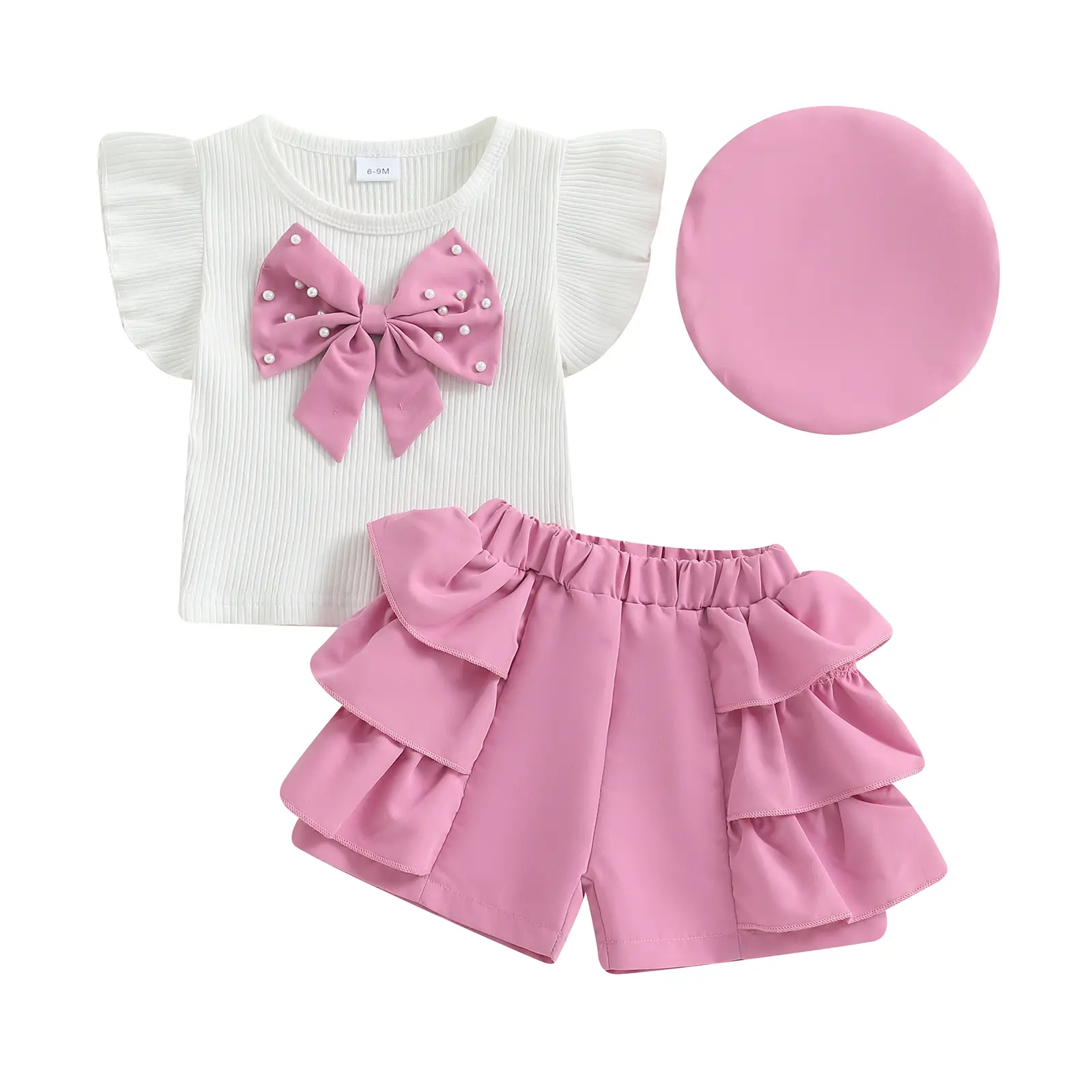Toddler Girl Summer Clothes Big Pearl Bow Flutter Sleeve Round Neck Tops + Ruffled Shorts + Beret 3 Pcs Set