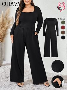 CURVZY Plus Size Solid Pocket Wide Leg Jumpsuit, Casual Long Sleeve Scoop Neck Jumpsuit for Daily Wear, Women's Clothing for All Seasons, Fall & Winter Clothes