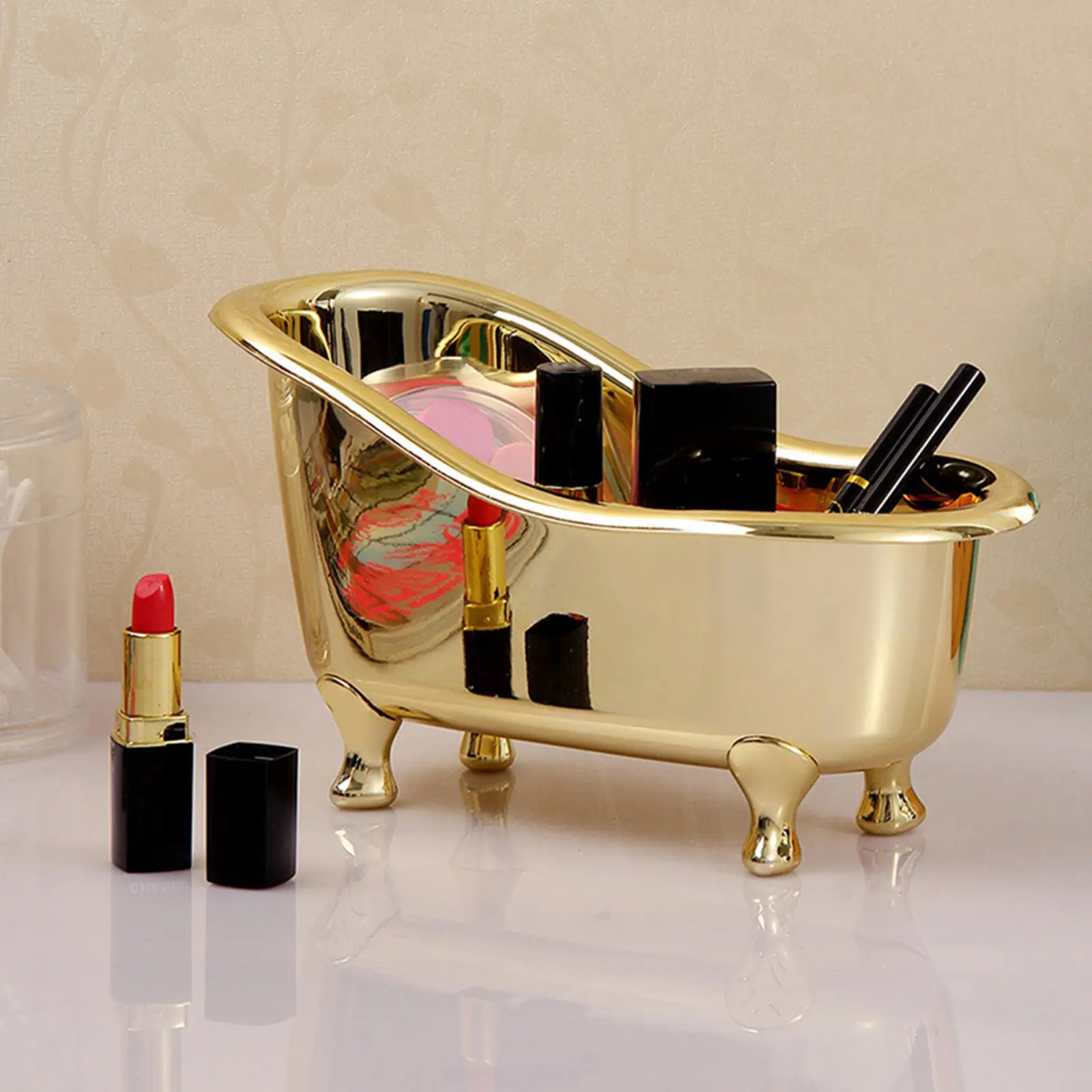 Golden Bathtub Shaped Cosmetic for Case Durable Anti Deform Desktop Organizing Box Home Dormitory Hotel Decorative Organ