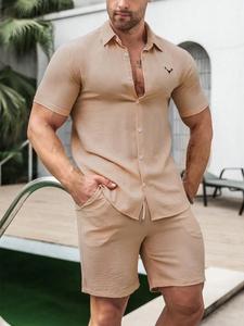 Men's 2pcs Deer Print Button Front Shirt & Drawstring Pocket Shorts Set, Regular Fit Short Sleeve Collared Top & Elastic Waist Shorts, Casual Summer Clothes