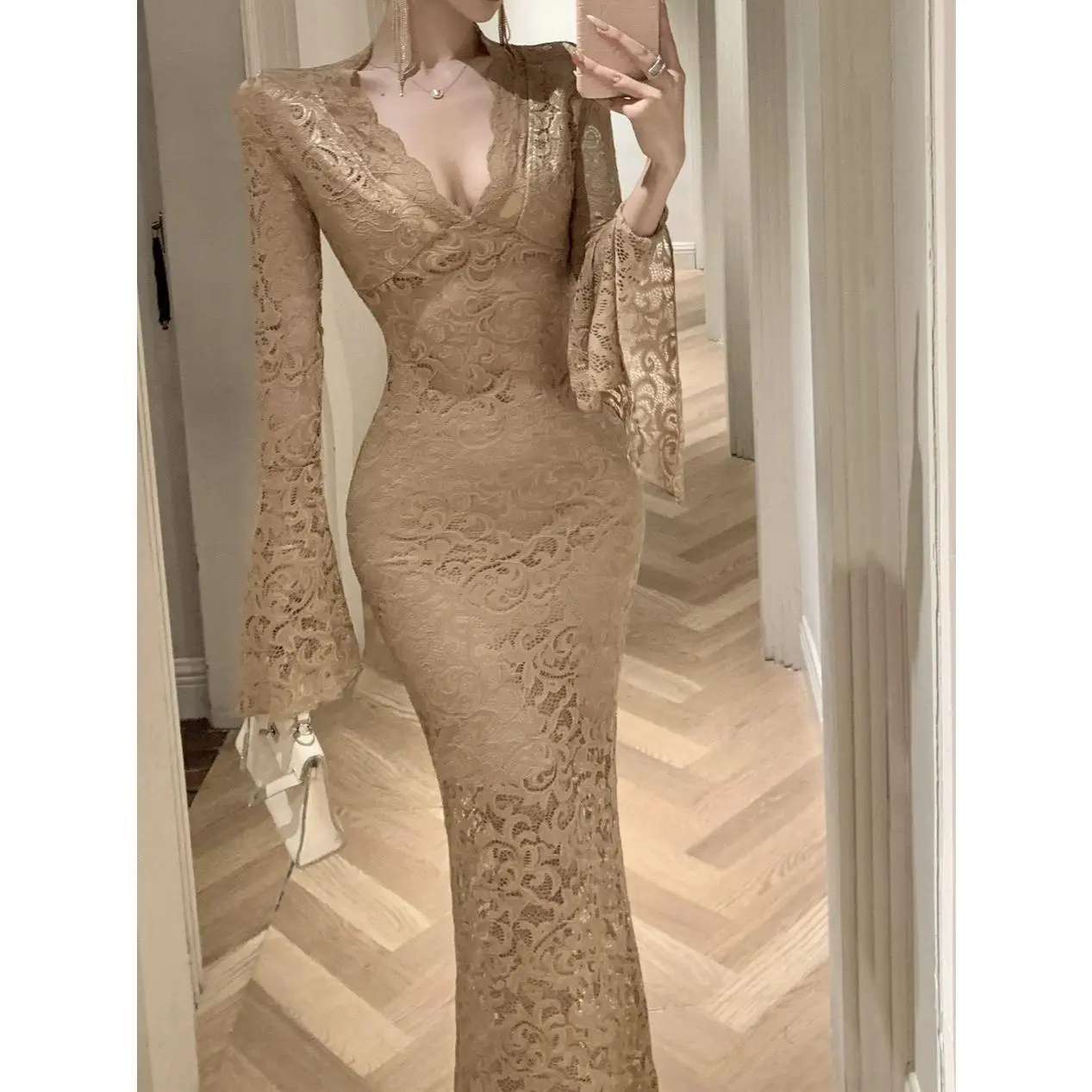WOMEN'S early Autumn New elegant slim fit sexy cropped midriff outfit long sleeve lace slimming sheath dress
