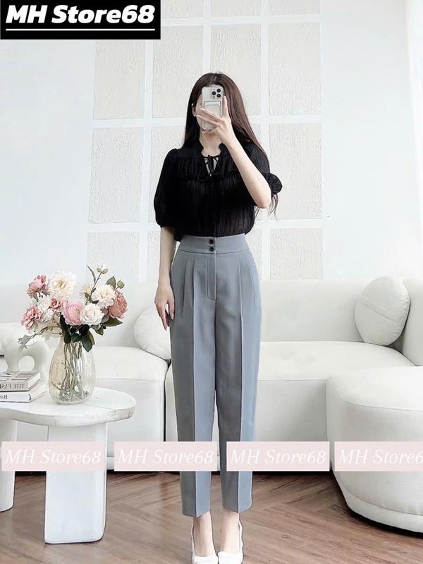 Quần tây nữ- Quần Baggy Nữ Công Sở Cạp Cao Tôn Dáng LCi-M.H Store68 Women Pants - Khuy Nhung Kem Voi