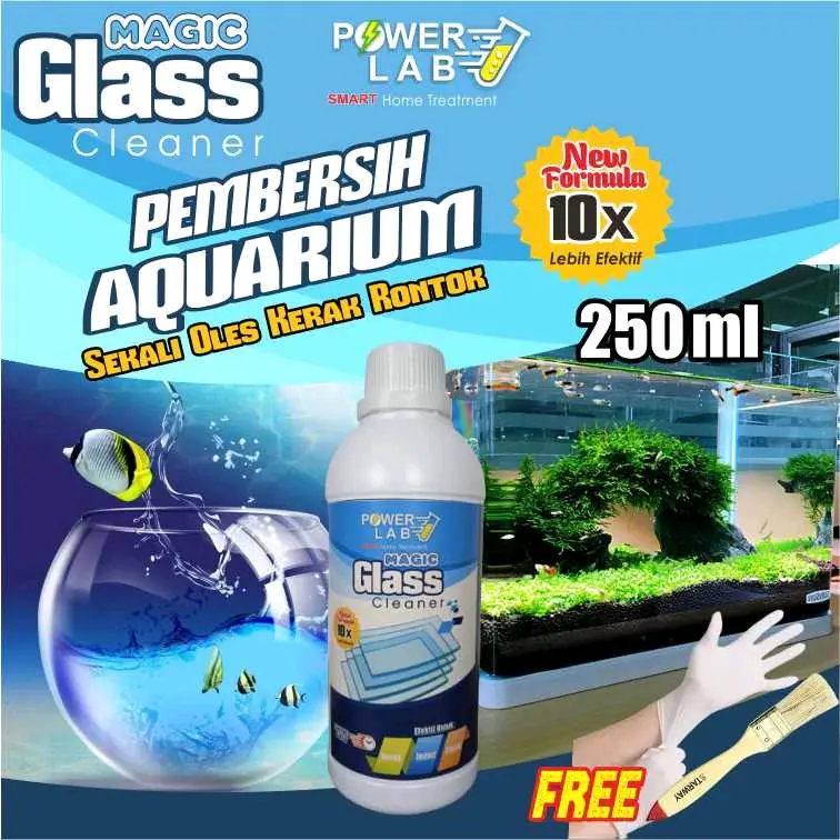 Powerlab Magic Glass Cairan Penghilang Pembersih Kerak Jamur Lumut Kaca Khusus Untuk Aquarium Akuarium Aquascape Jendela Cermin Stainlis Stainless Terkena Noda Air Berkerak Waterspot Membandel Buram Kamar Mandi Paling Ampuh Non HCL 250 Ml