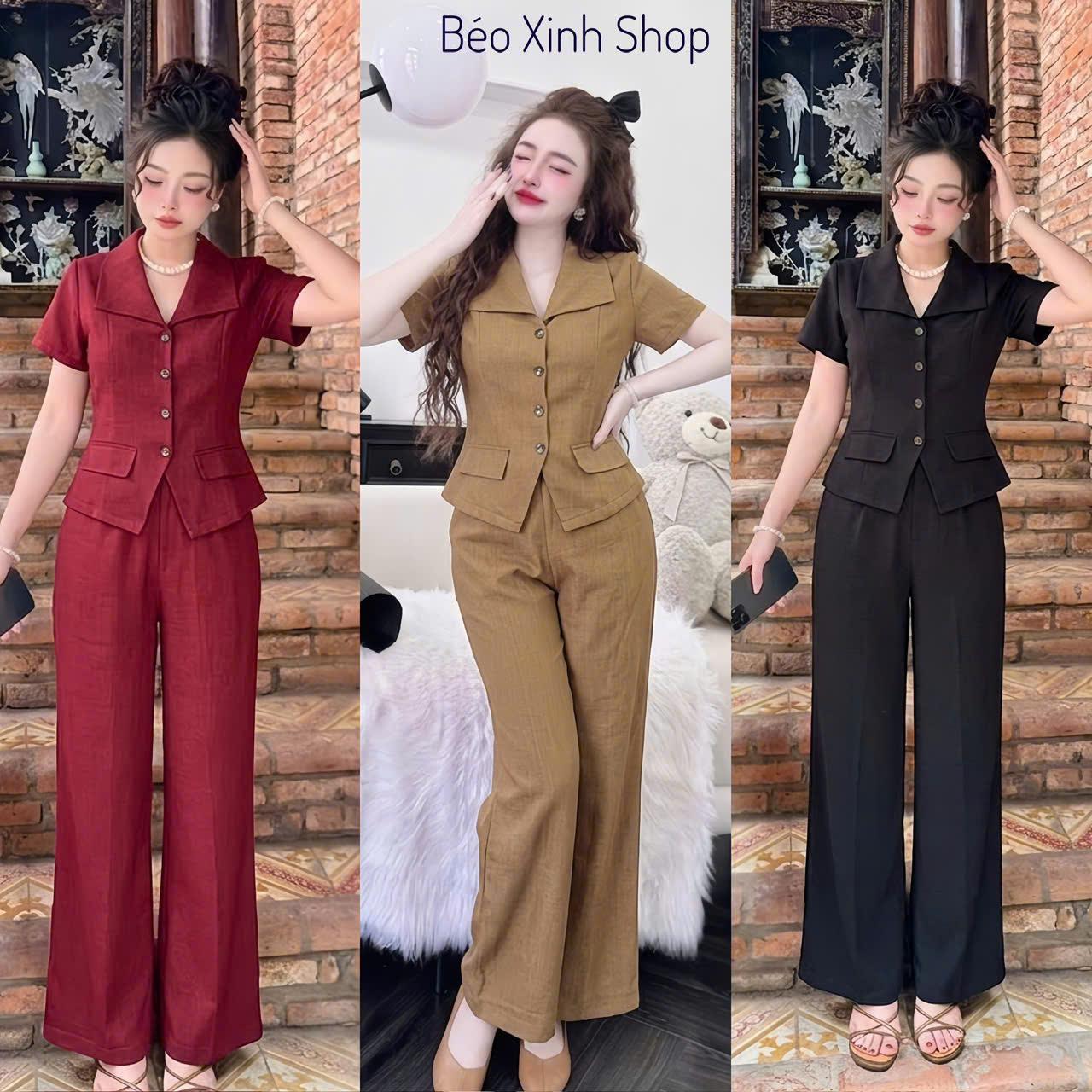 Set Quần Áo Nữ Áo Nữ Cổ Tim Phối Sơ Mi Quần Ống Suông Vải Xước Cotton Hàn Cao Cấp Dễ Thương Nữ Top Women Xoè - A.1783