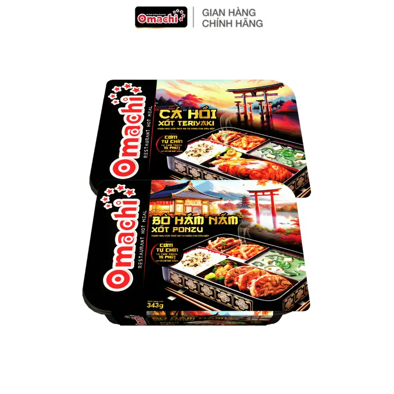 Combo gồm 1 Cơm tự chín Omachi cá hồi áp chảo xốt Teriyaki hộp x 353g và Cơm tự chín Omachi bò hầm nấm xốt ponzu hộp x 343g 2