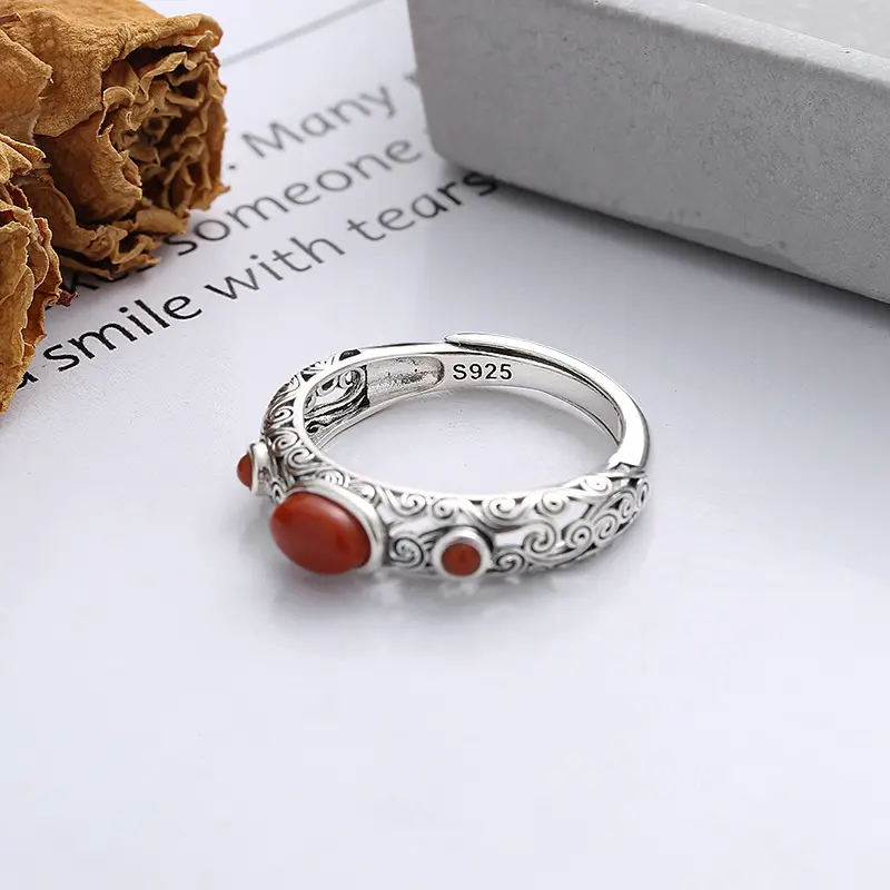 Chaosheng S925 Sterling Silver Auspicious Clouds Ruyi Hollow Inlaid With Southern Red Agate Ring Retro Literary And Ethnic Style Ring 2