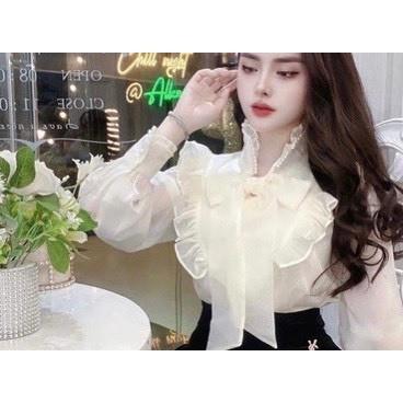 Sơ mi voan 2 lớp thiết kế nơ siêu  hót chạy viền ngọc mã 472 Áo Top Nữ Women Shirt Ren Cổ Tròn Trắng